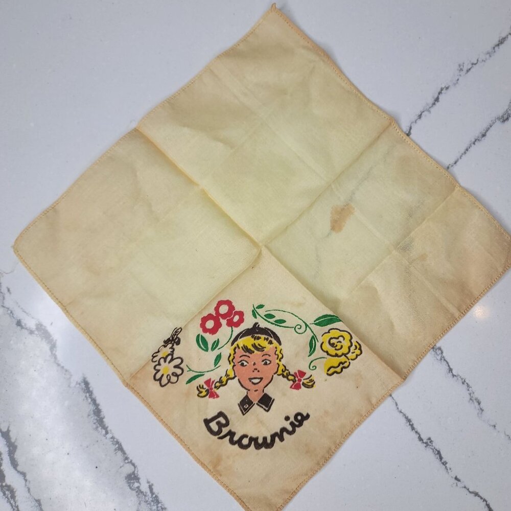 Vintage Brownie Handkerchief Featuring Girl With Flowers. Stains from age